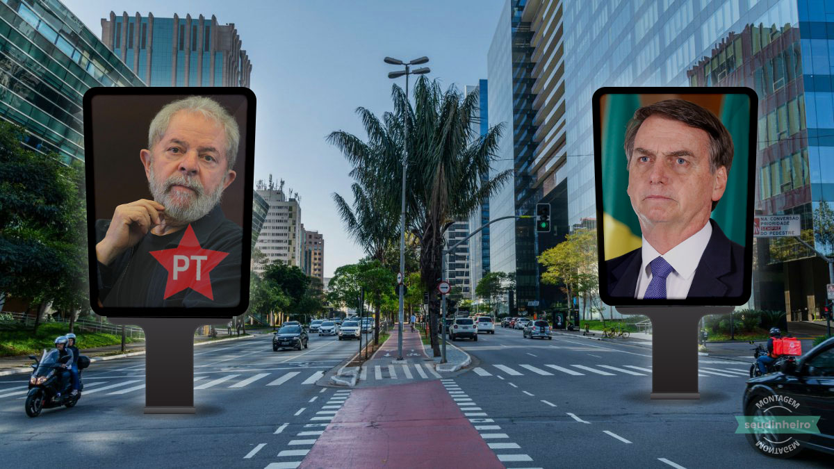 Faria Lima com bandeira do Lula e Bolsonaro