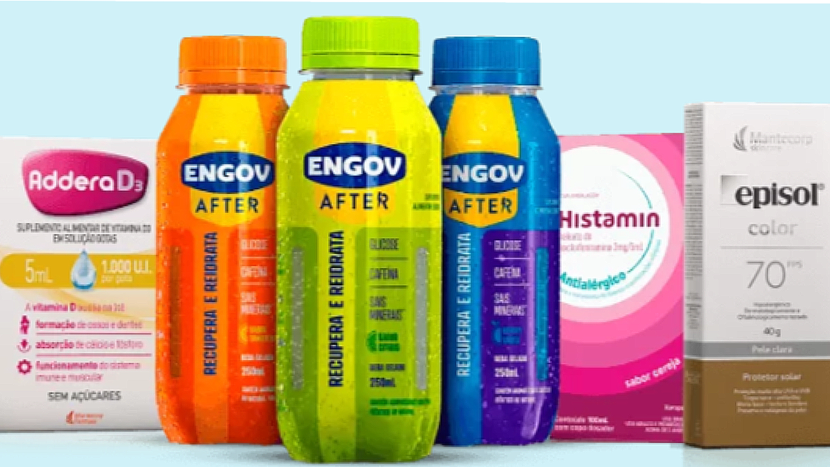 foto com embalagem de produtos da Hypera, como engov e episol