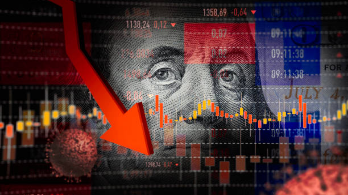 Imagem mostra um gráfico com o dólar de fundo e sentas vermelhadas apontadas para baixo