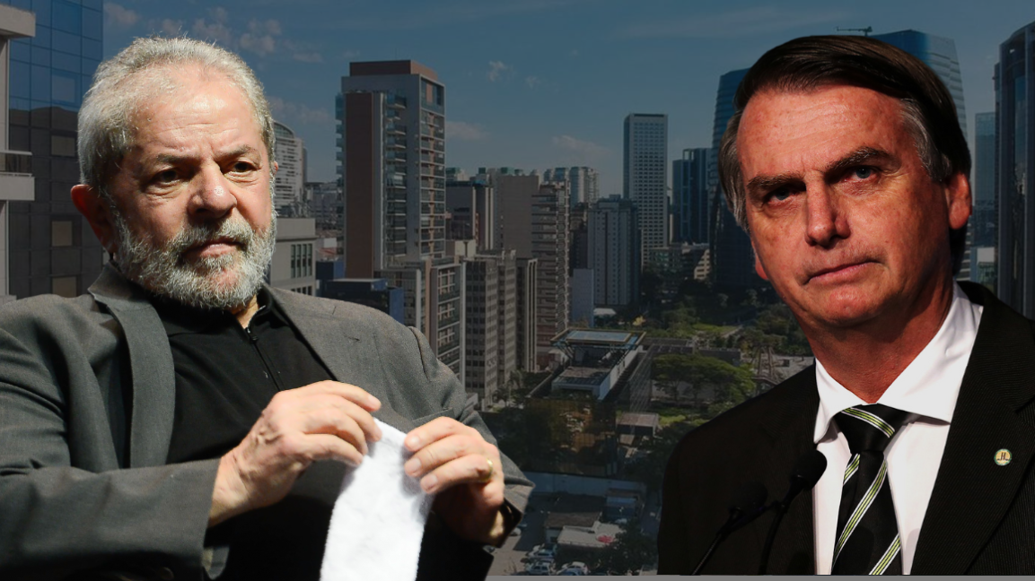 Montagem de Lula e Bolsonaro com prédios da Avenida Faria Lima ao fundo