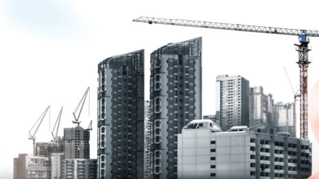 Montagem com prédios e outros imóveis em construção e guindastes | Fundos imobiliários, incorporadoras, construtoras, ações, MRV