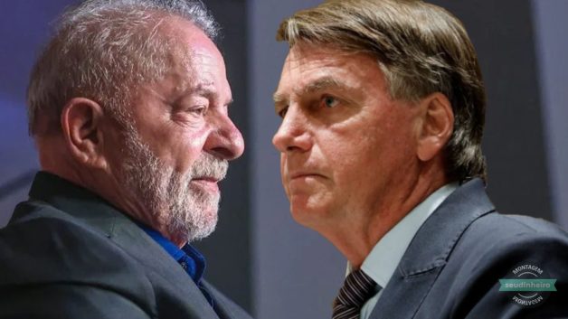 Luiz Inácio Lula da Silva veste terno cinza escuro e camisa azul jeans. Ele encara Bolsonaro, que veste terno e grata cinza em montagem.