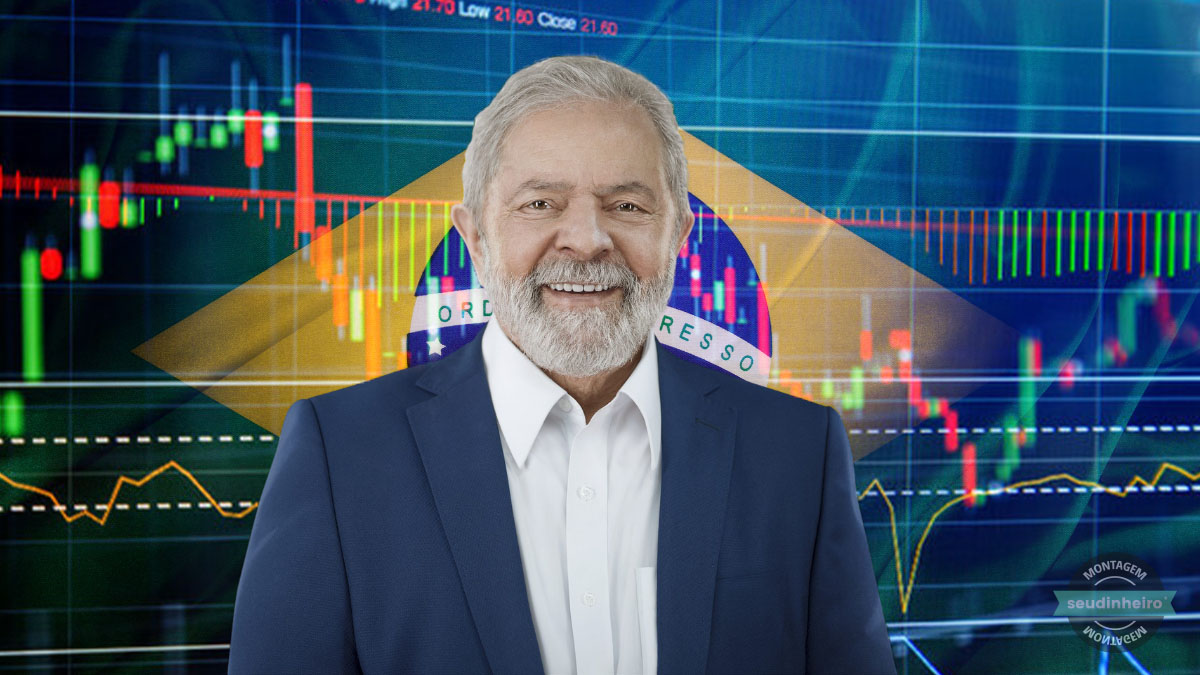 Lula com bandeira do Brasil e gráfico ao fundo