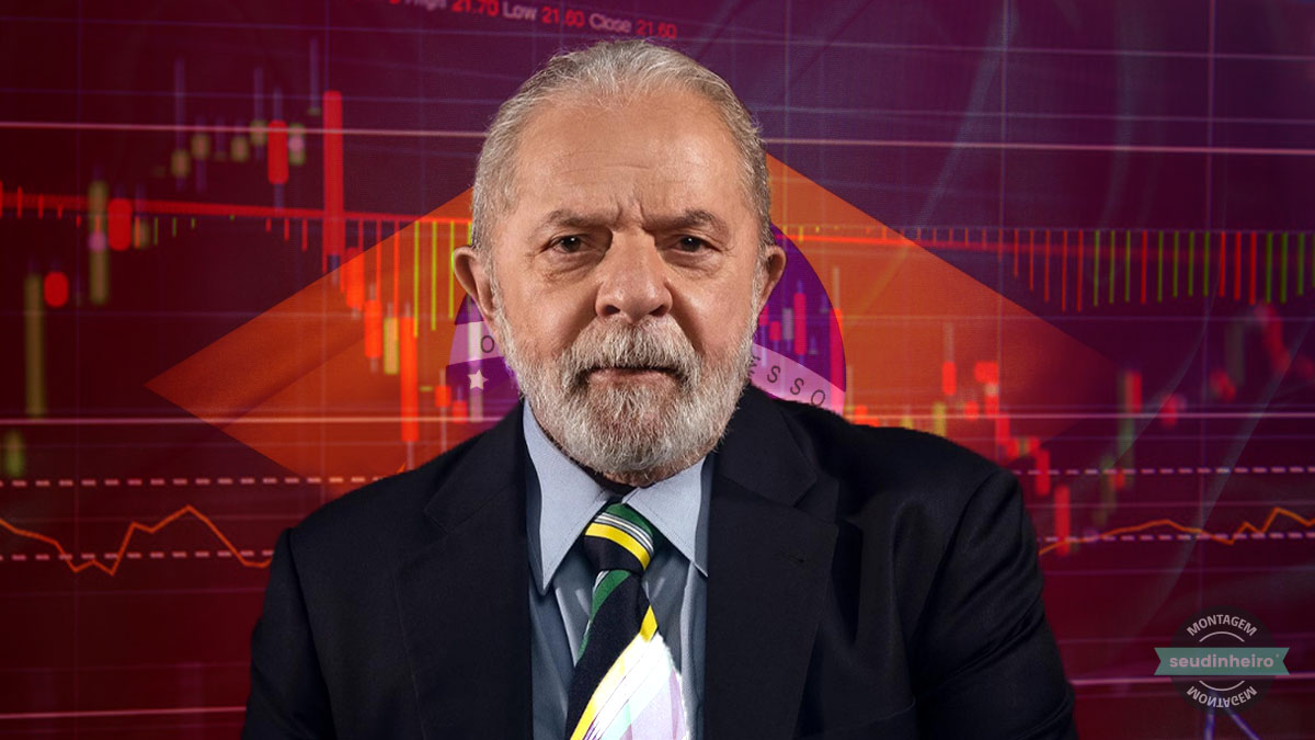Lula com bandeira do Brasil e gráfico ao fundo vermelho