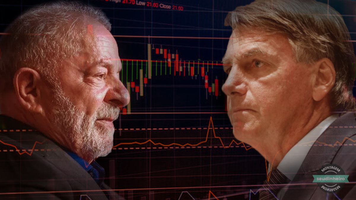 Lula e Bolsonaro com gráfico ao fundo v1