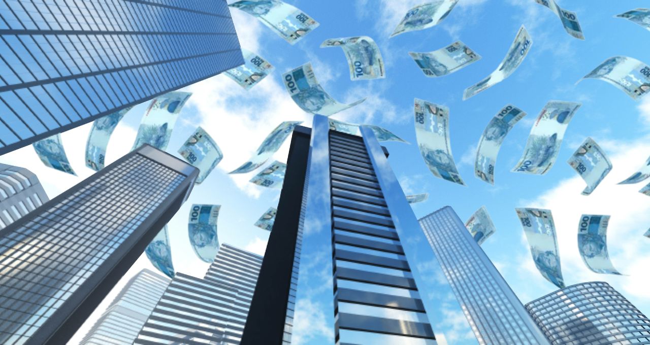 Notas de dinheiro caindo sobre prédios - fundos imobiliários fiis dividendos fundos imobiliários