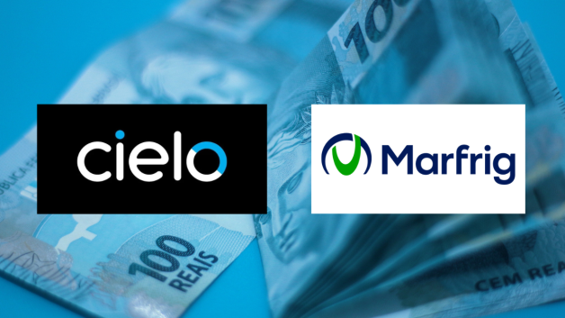 Logo das empresas Cielo e Marfrig com imagem de notas de 100 reais ao fundo