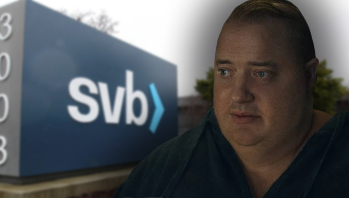 Montagem com o filme A Baleia e o banco falido SVB