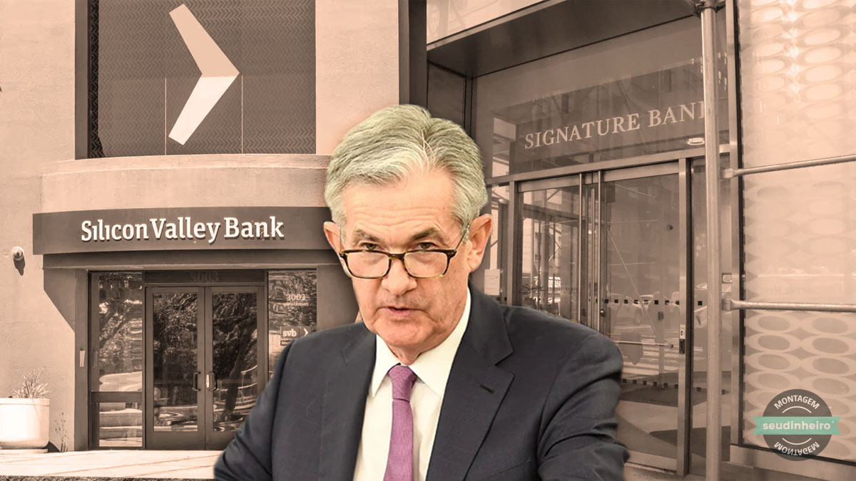 O presidente do Federal Reserve, Jerome Powell, com as sedes de dois bancos dos EUA como pano de fundo