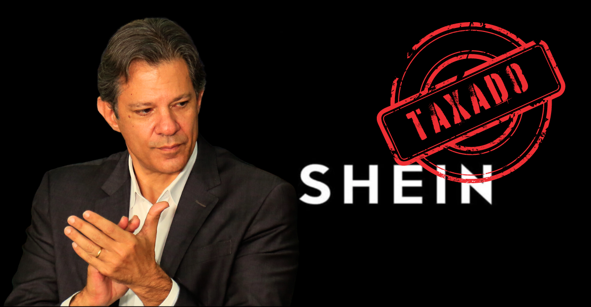 Fernando Haddad, ministro da Fazenda, sob um fundo preto com o logo da Shein escrito "taxado"