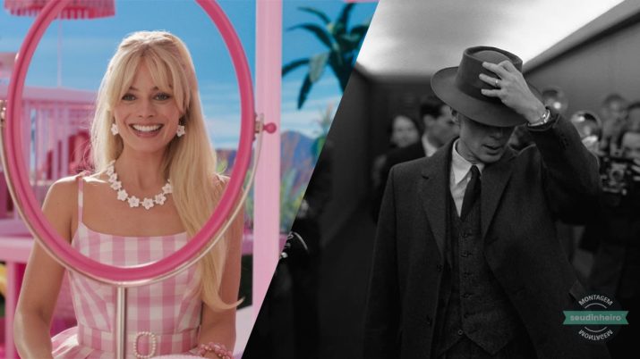Montagem com cenas nos filmes Barbie e Oppenheimer