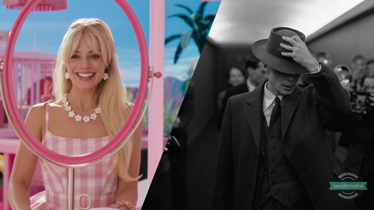 Montagem com cenas nos filmes Barbie e Oppenheimer