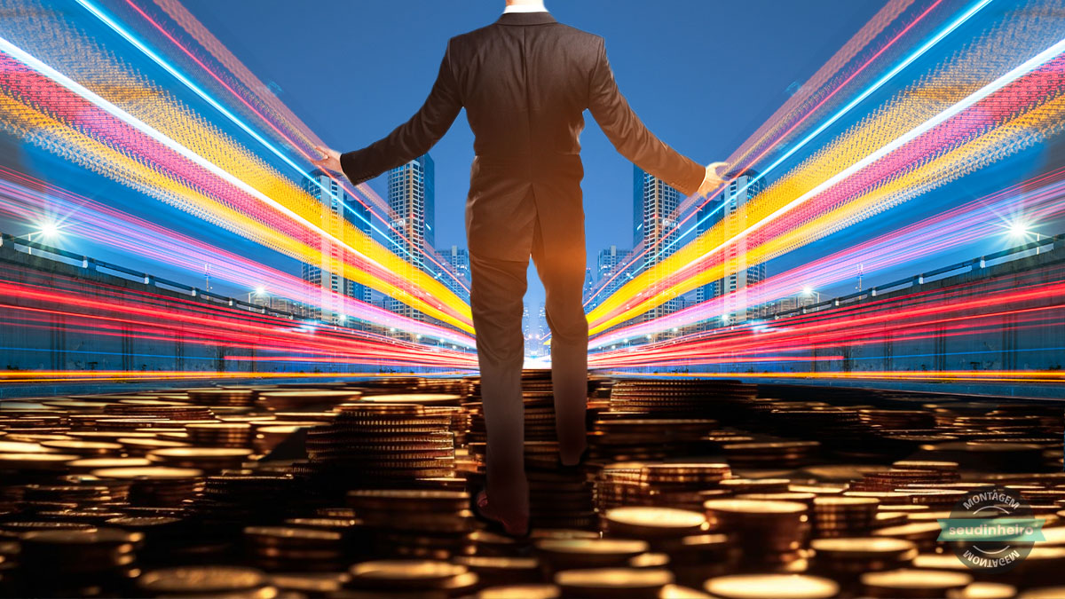 Caminho de moedas dinheiro homem caminhando – créditos Shutterstock – montagem Brenda Silva SD