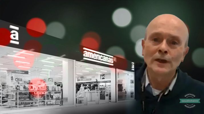 Miguel Gutierrez, ex-CEO da Americanas, em montagem ao lado de loja da rede
