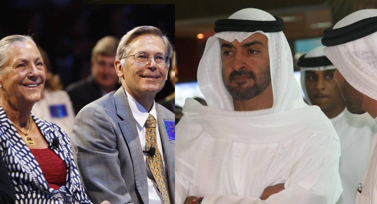 Alice and Jim Walton à esquerda e Sheikh Mohammed bin Zayed Al Nahyan à direita