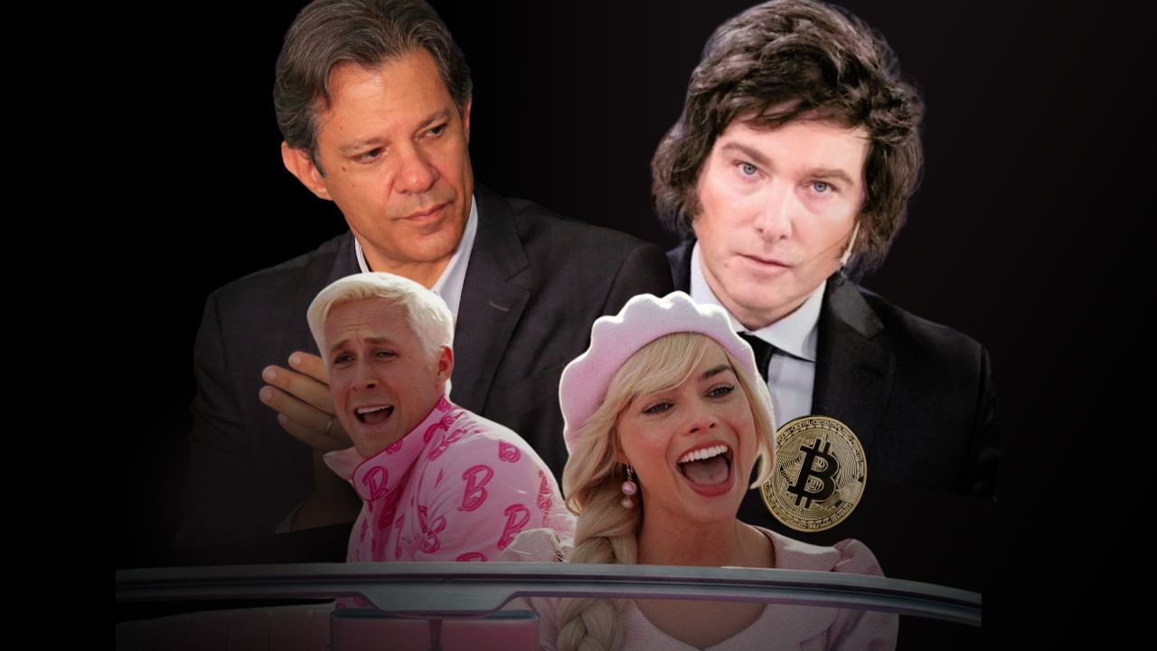 Montagem Seu Dinheiro com Barbie, Milei, Haddad e Bitcoin