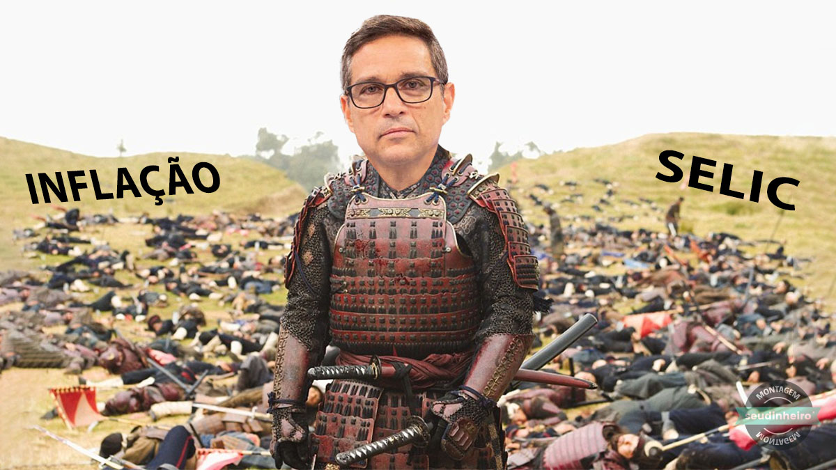 Montagem com a cabeça do presidente do Banco Central, Roberto Campos Neto, no corpo de um samurai com as palavras selic e inflação ao fundo