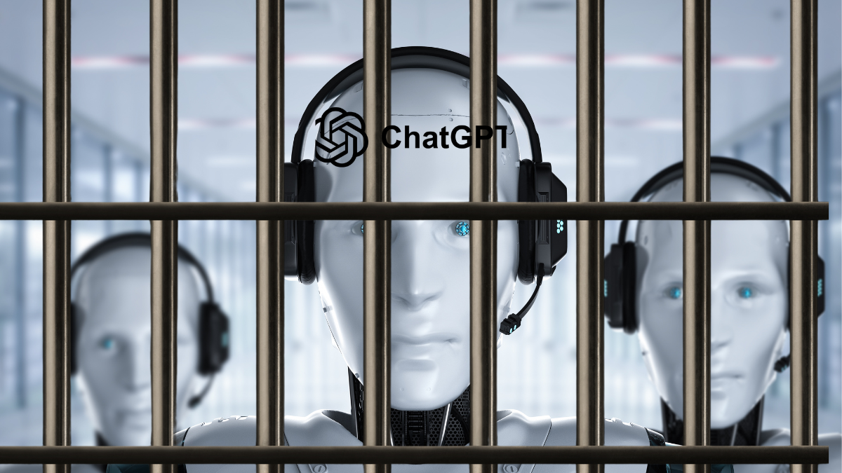 Montagem com robôs de inteligência artificial em fundo branco, atrás das grades ia chatgpt gemini