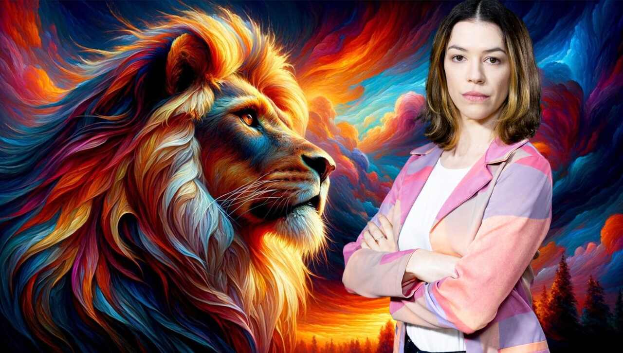 A imagem é uma montagem, criada parcialmente com IA. Do lado esquerdo, um leão colorido olhando para a direita. Do lado direito, Julia Wiltgen (A Dinheirista) olhando para a frente de braços cruzados e semblante sério,