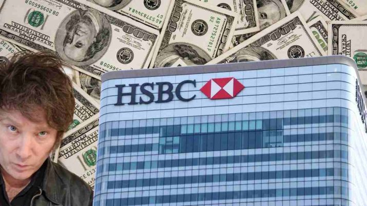 Javier Milei, presidente da Argentina, ao lado de uma unidade do banco HSBC