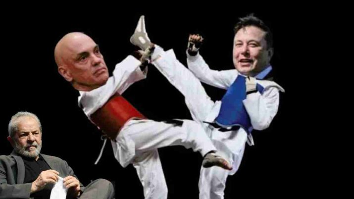 O bilionário Elon Musk e o ministro do Supremo Tribunal Federal (STF), Alexandre de Moraes, junto com o presidente Lula.