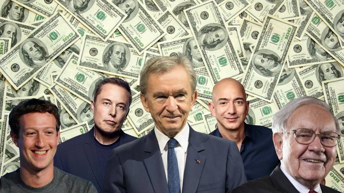 Montagem com dólares e imagens dos bilionários Bernard Arnault, Elon Musk, Jeff Bezos, Mark Zuckerberg e Warren Buffett