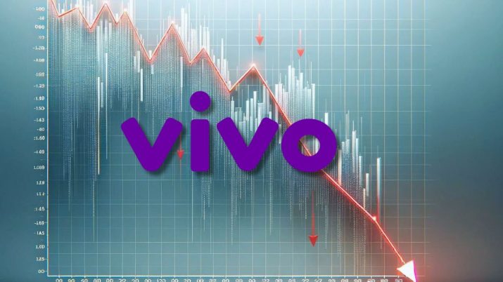 Gráfico cinza com uma seta vermelha apontando para baixo e o logo da Vivo em roxo ao centro