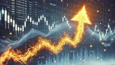 Gráfico do mercado de ações em fundo escuro com uma seta ao centro apontado para cima bolsa ibovespa balanços microcaps