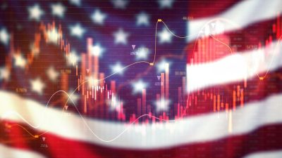 Gráfico de ações sobre bandeira dos Estados Unidos