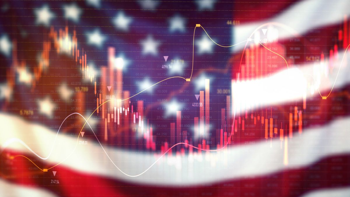 Gráfico de ações sobre bandeira dos Estados Unidos