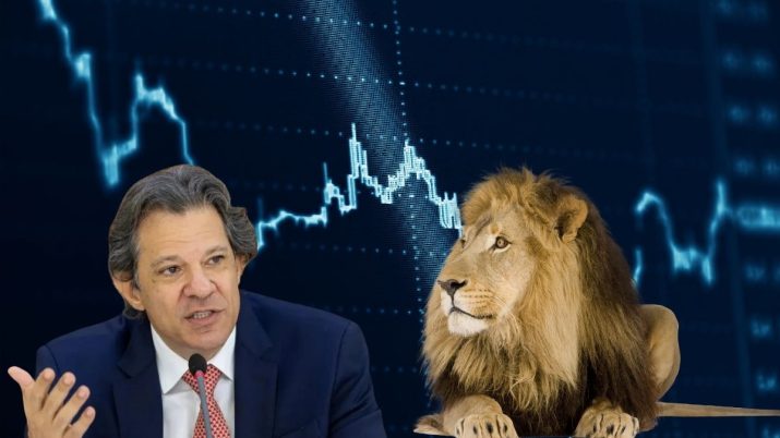 Montagem com o ministro da Fazenda, Fernando Haddad, um leão e um gráfico ao fundo