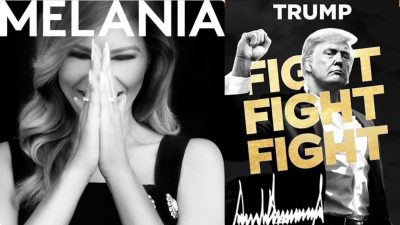 Montagem com a primeira-dama dos EUA, Melania Trump, com a mão do rosto em forma de oração. Do outro lado, Donald Trump, com o punho cerrado para cima. A foto é preta e branca.