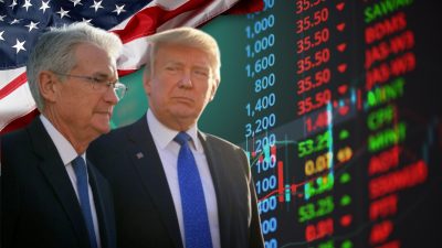 O presidente do Federal Reserve (Fed), Jerome Powell, ao lado do presidente dos EUA, Donald Trump.
