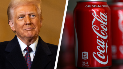Imagem do presidente Donald Trump ao lado de uma lata de Coca-Cola.