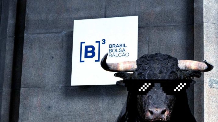 Montagem com touro na frente do prédio da B3, a bolsa brasileira