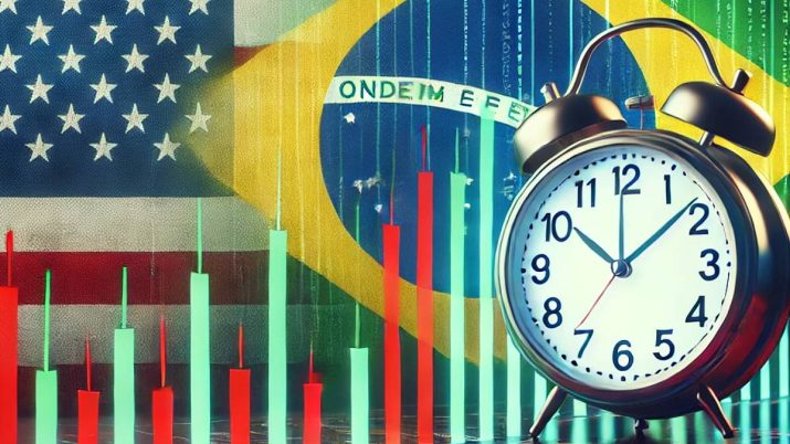 Imagem criada por inteligência artificial traz as bandeiras dos eua e do brasil ao fundo, com um gráfico de bolsa em primeiro plano e um relógio no canto inferior esquerdo