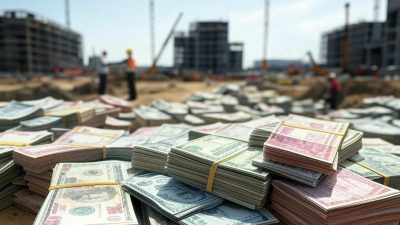 Dinheiro se acumula a frente de um canteiro de obra de construção