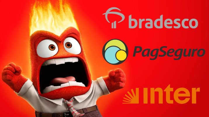 Ilustração da personagem Raiva, da Pixar, com os logos dos bancos Bradesco, Inter e PagSeguro