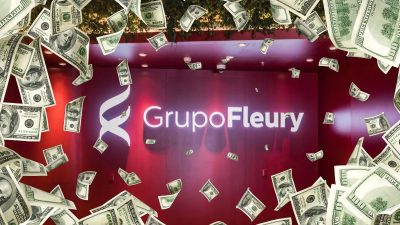 Logo do Grupo Fleury em montagem com notas de dólares caindo aos montes