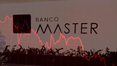 Escritório do Banco Master em uma montagem com um gráfico vermelho em primeiro plano