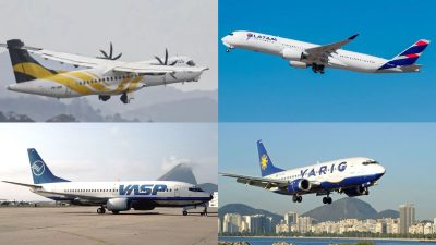 Aviões das empresas Voepass (superior à esquerda), Latam (superior à direita), Vasp (inferior à esquerda) e Varig (inferior à direita)