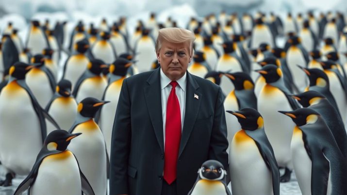 Imagem criada por inteligência artificial mostra Donald Trump de terno escuro e gravata vermelha cerca de pinguins