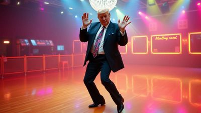Imagem criado por inteligência artificial mostra Donald Trump em uma pista de dança vazia. Ele usa terno escuro e no teto, um globo de luz.