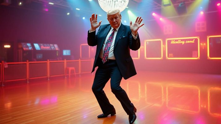 Imagem criado por inteligência artificial mostra Donald Trump em uma pista de dança vazia. Ele usa terno escuro e no teto, um globo de luz.
