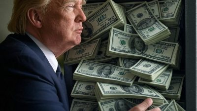 Donald Trump na frente de um cofre cheio de dólares