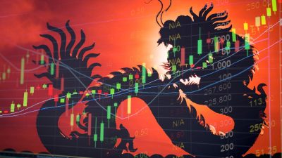 Gráfico de ações com dragão ao fundo, representando investimentos na China.