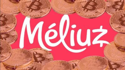 Logo do Méliuz envolto por bitcoins