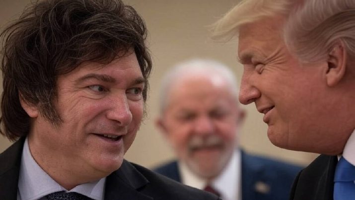 Imagem criada por inteligência artificial mostra Javier Milei olhando para Donald Trump. Ambos vestem terno escuro e sorriem. Ao fundo, em imagem desfocada, Lula faz cara de bravo.