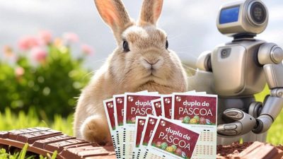 Bilhetes da loteria Dupla de Páscoa, com coelho e robô de IA ao fundo.