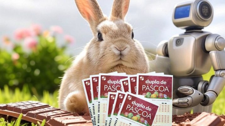 Bilhetes da loteria Dupla de Páscoa, com coelho e robô de IA ao fundo.